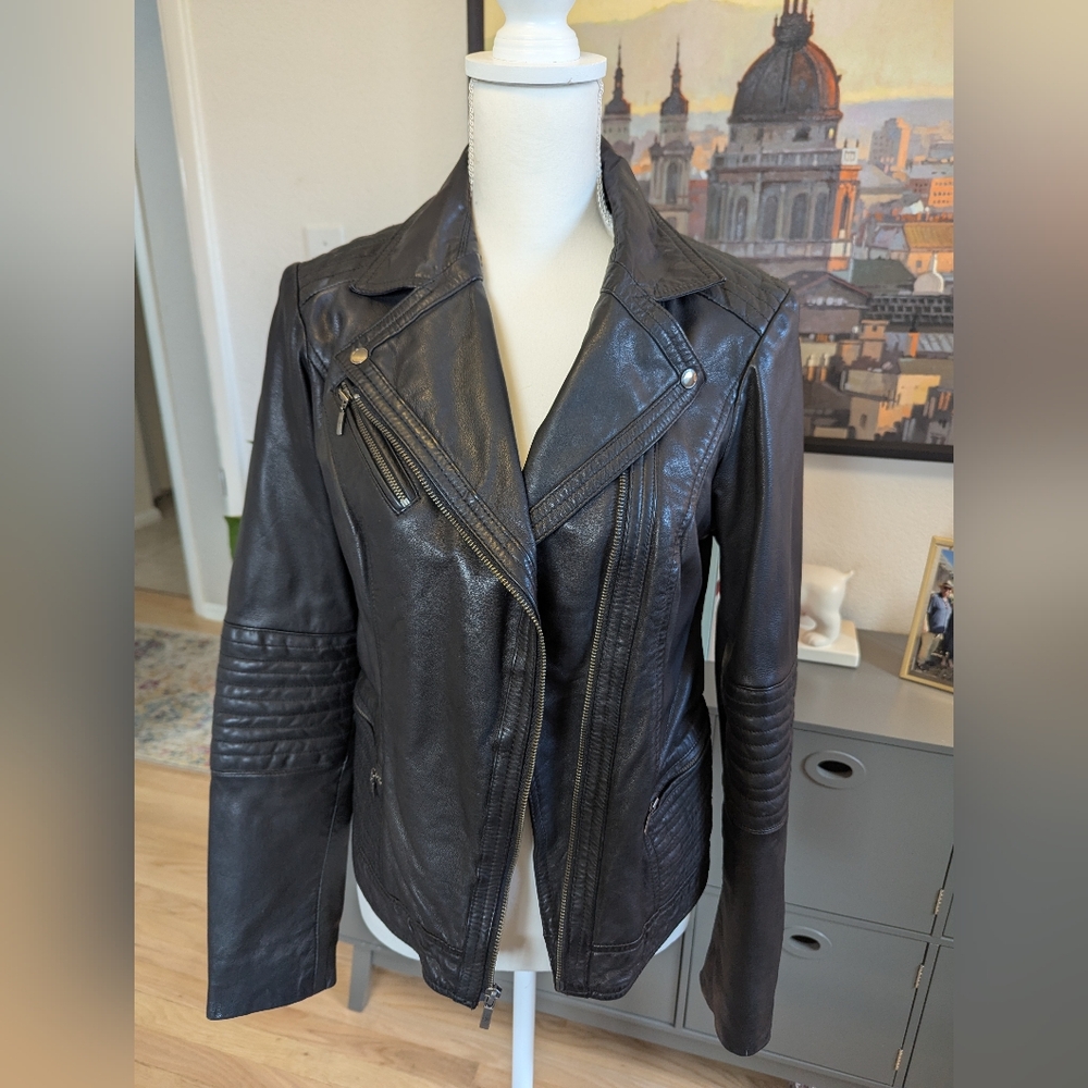 Cole Haan black leather moto jacket